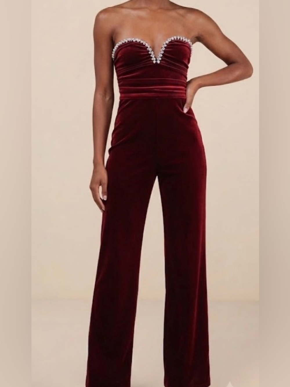 Lulu's Burgundy Velvet Strapless Jumpsuit with Jewel Trim